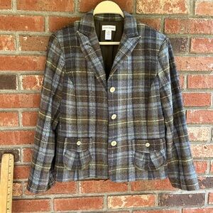 Barry Bricken Wool Blend Blue Brown plaid Blazer Jacket Size 10 Work Career